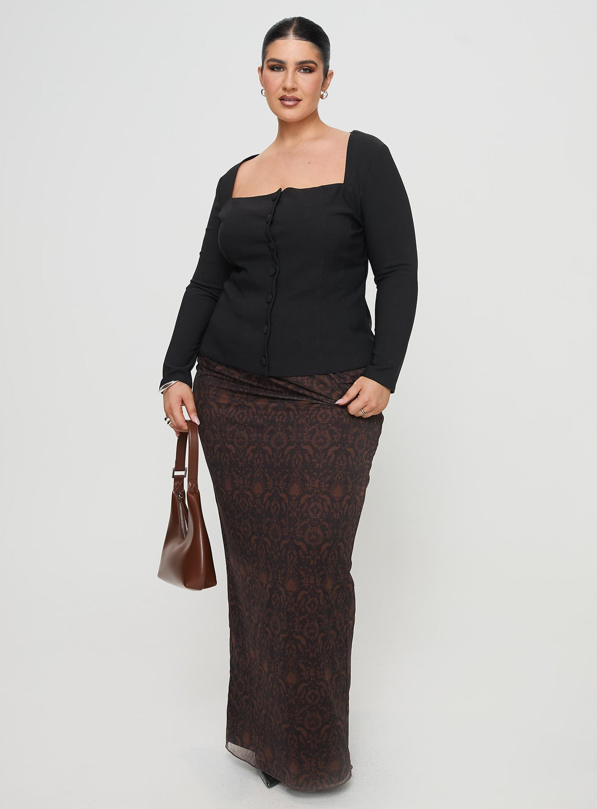 back view of model wearing Princess Polly Gaskin Long Sleeve Top Black Curve Full Sleeves Square Neck 