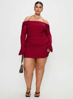 side view of model wearing Princess Polly Taylon Off The Shoulder Mini Dress Red Curve Straight Neck 