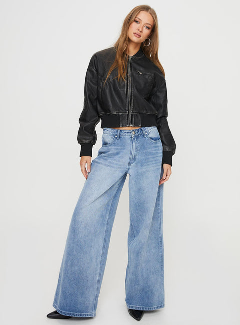Faux-leather jacket Three pocket design, ribbed cuffs and waist  Non-stretch, fully lined 