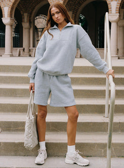 side view of model wearing Princess Polly Dream Fleece Quarter Zip Sweatshirt Grey Marle Longline Jumpers 