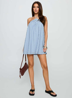 front view of model wearing Princess Polly Moonlit Mini Dress Blue Stripe Asymmetric Neckline 