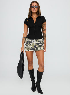 front view of model wearing Princess Polly Cottesloe Blouse Top Textured Black Short Sleeves V-Neck 