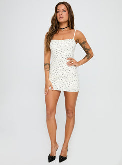 front view of model wearing Princess Polly Gradine Mini Dress Polka Dot Square Neck 