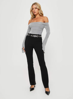 front view of model wearing Princess Polly Tullo Off The Shoulder Bodysuit Grey Full Sleeves 
