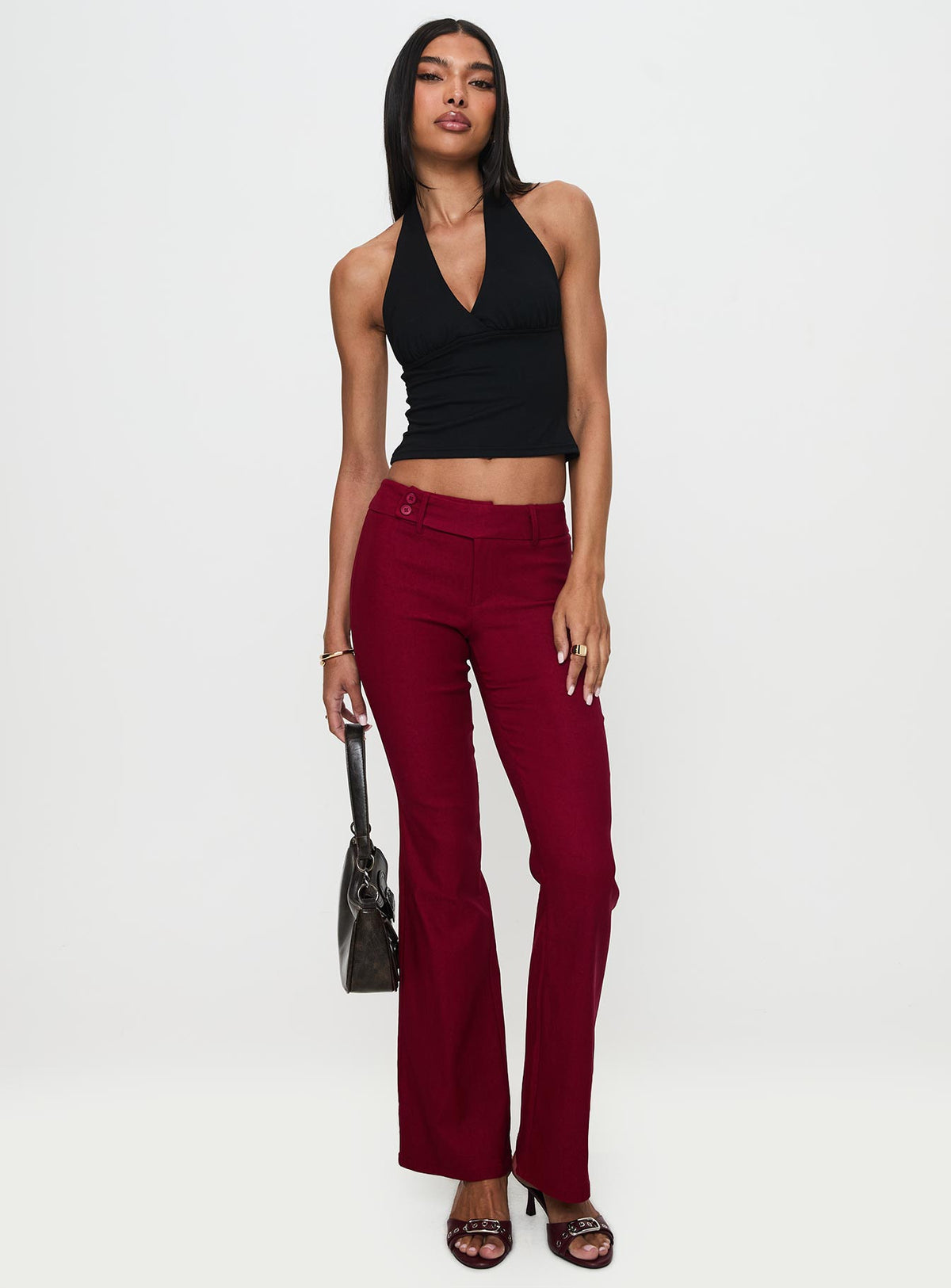 front view of model wearing Princess Polly Kinkirk Flared Pants Burgundy Low Rise Pants Pants 