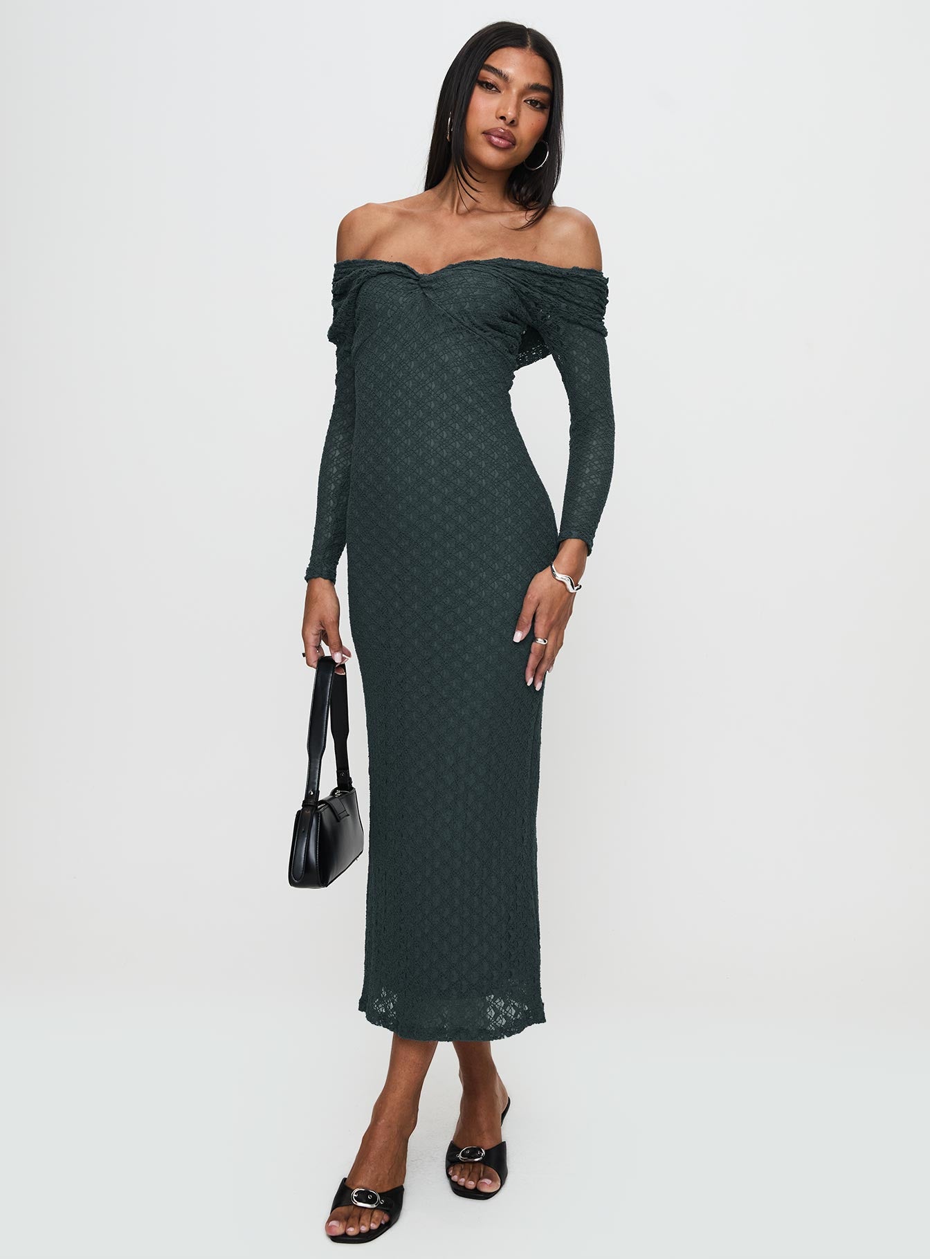 front view of model wearing Princess Polly Elexis Off The Shoulder Maxi Dress Blue V-Neck 