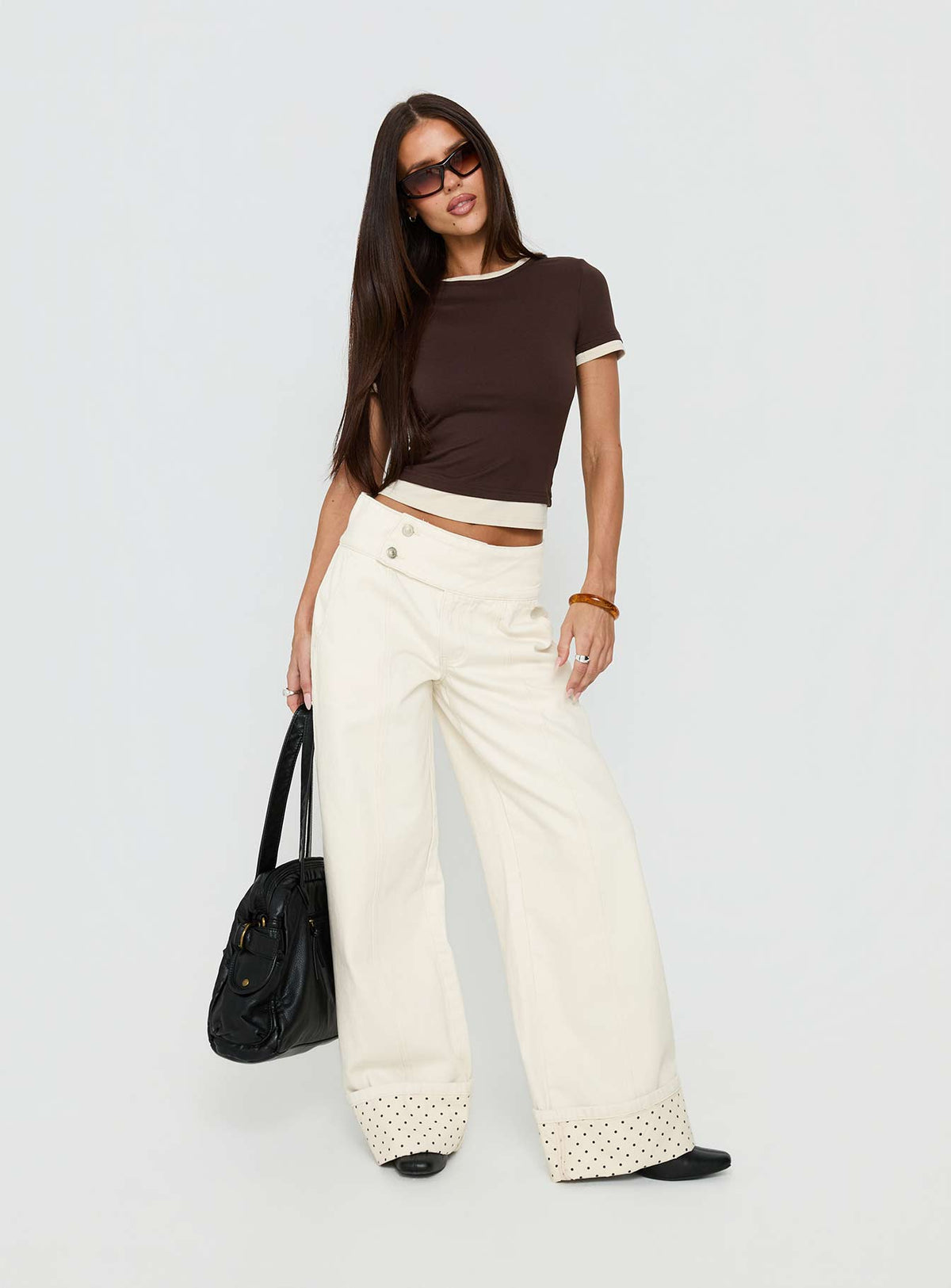 front view of model wearing Princess Polly Nikoletta Foldover Jeans Cream / Polka Mid Rise Jeans 