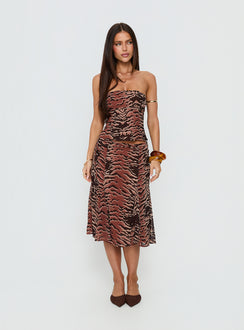   side view of model wearing Princess Polly Tipsy Midi Skirt Animal Multi 