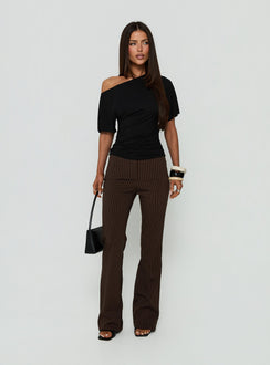 Designed with the Kinkirk No Waist Flared Pants Chocolate Pinstripe in womens regular pants with mid-rise detail front view of model wearing Princess Polly