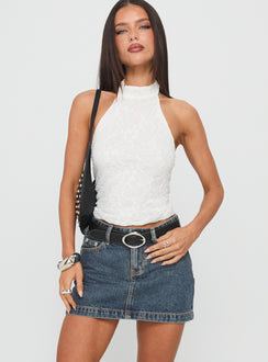   front view of model wearing Princess Polly Nickei Denim Mini Skirt Washed Blue Tall Mini Skirts 