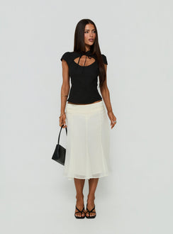 Showcasing the Ambrosea Panelled Midi Skirt Cream womens-skirts with midi length front view of model wearing Princess Polly