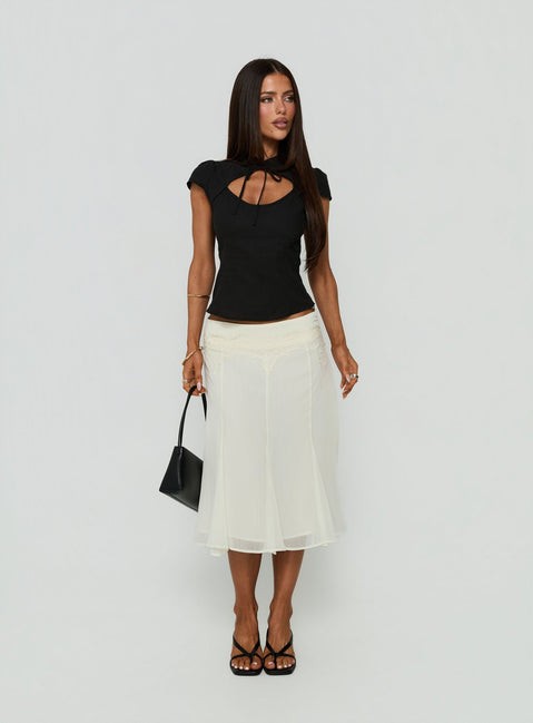 Showcasing the Ambrosea Panelled Midi Skirt Cream womens-skirts with midi length front view of model wearing Princess Polly