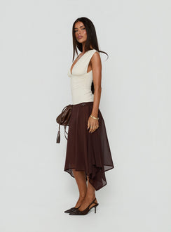 Crafted with the Asali Asymmetrical Midi Skirt Chocolate womens-skirts in length side view of model wearing Princess Polly
