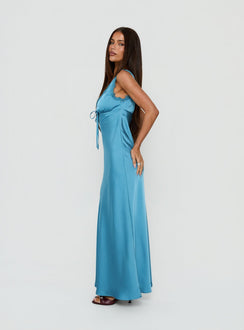 Damelia Tie Detail Lace Trim Maxi Dress Blue