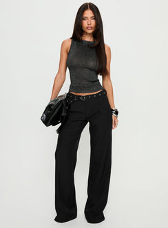 front view of model wearing Princess Polly Deonne Straight Leg Buckle Pants Black Mid Rise Pants 
