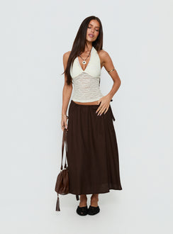   side view of model wearing Princess Polly Persuasion Tie Side Midi Skirt Chocolate Midi Skirts 