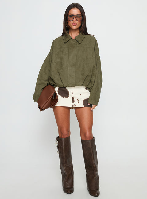Enlightened Faux Suede Bomber Jacket Khaki