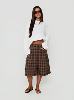 Brenn Baggy Longline Shorts Brown Plaid