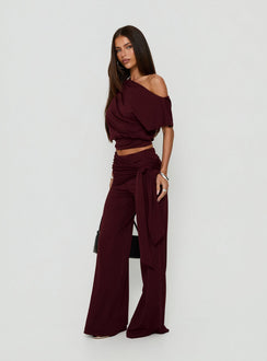 Designed with the Hadlia Tie Waist Pants Burgundy womens-regular-pants featuring high-rise detail product