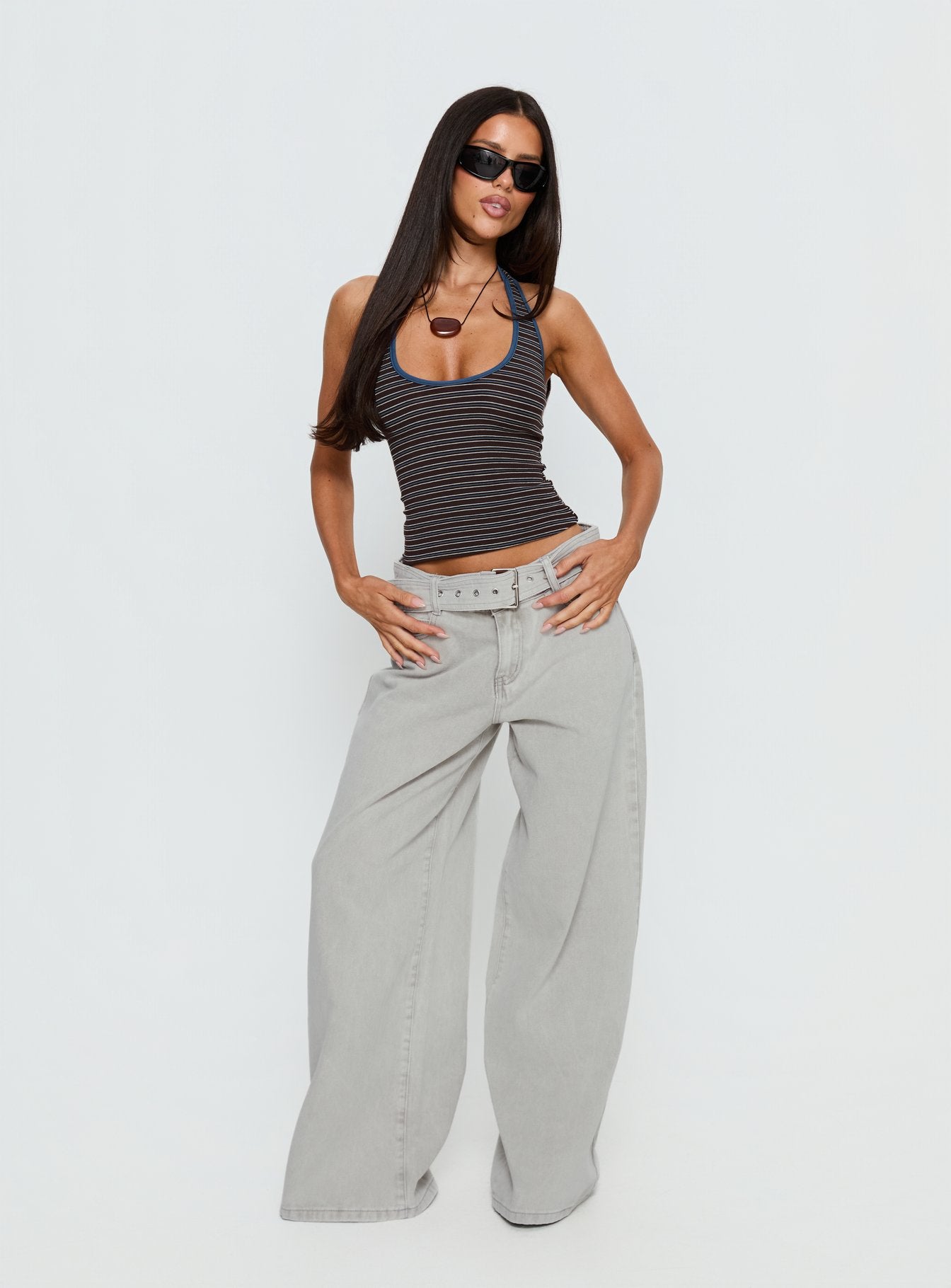 front view of model wearing Princess Polly Katlin Mid Rise Wide Leg Buckle Detail Jeans Grey Wash Mid Rise Jeans 