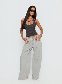 front view of model wearing Princess Polly Katlin Mid Rise Wide Leg Buckle Detail Jeans Grey Wash Mid Rise Jeans 