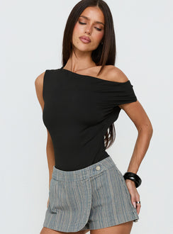 back view of model wearing Princess Polly Back To Back Off Shoulder Twist Back Bodysuit Black Short Sleeve 