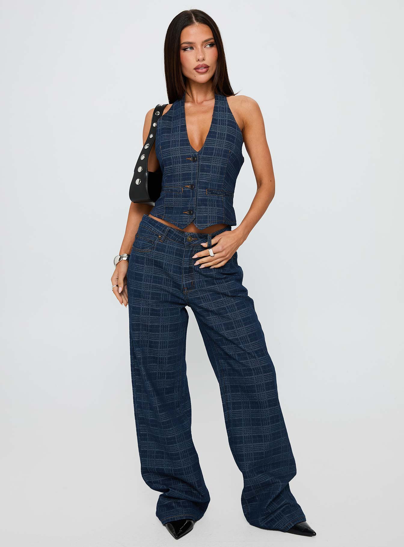 back view of model wearing Princess Polly Top Model Low Rise Straight Leg Jeans Indigo Plaid Mid Rise 