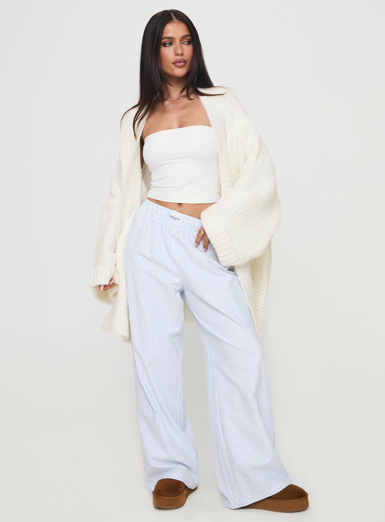 front view of model wearing Princess Polly Paisleigh Cable Knit Cardigan Cream Longline Jumpers Jumpers 