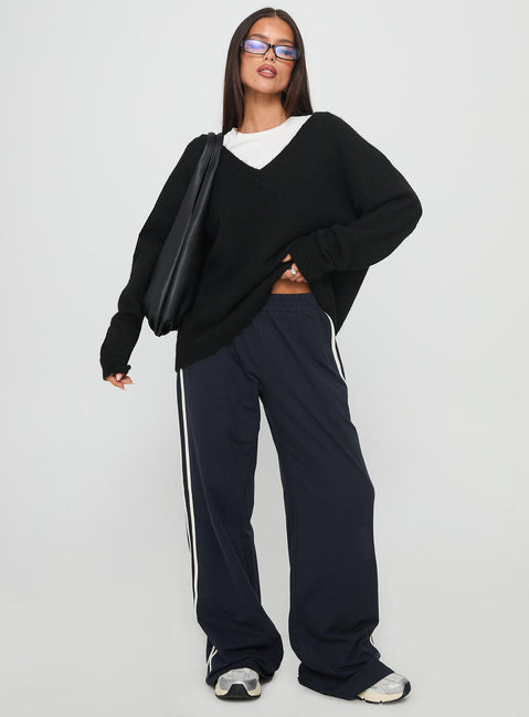 front view of model wearing Princess Polly Stay The Night V Neck Knit Sweater Black 