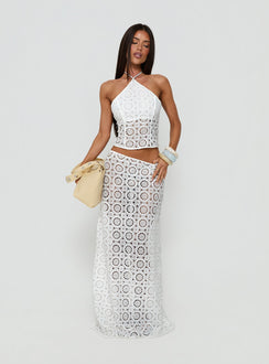 Introducing the Starting Fresh Crochet Maxi Skirt White in womens-skirts with a fitted aline silhouette front view of model wearing