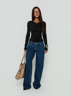 Featuring Tidal Wave Low Rise Straight Leg Jeans Dark Blue Wash in womens-jeans front view of model wearing Princess Polly