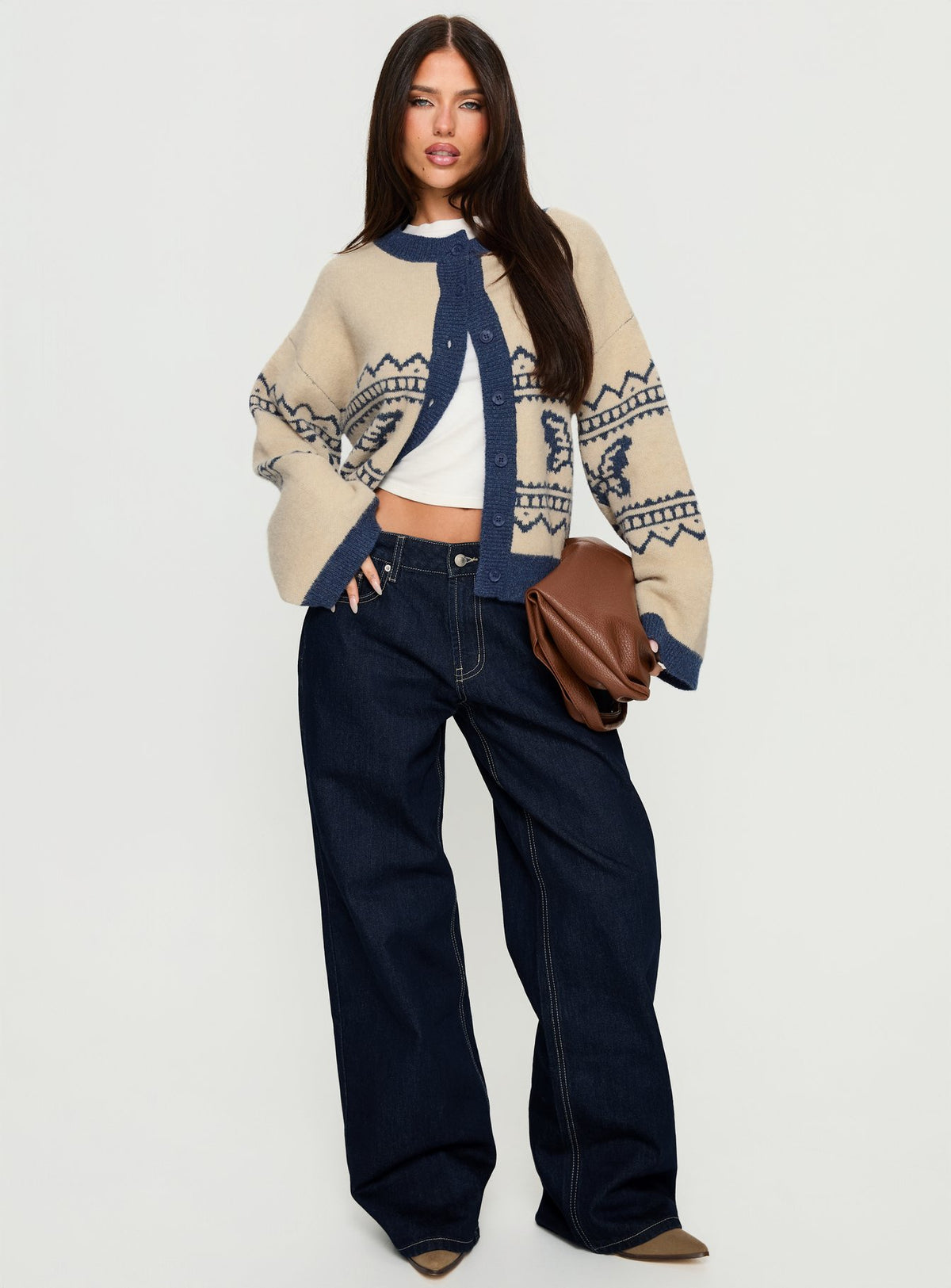front view of model wearing Princess Polly Wynoni Alpine Knit Cardigan Beige / Navy Longline Jumpers 