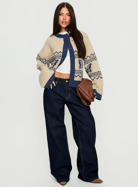 front view of model wearing Princess Polly Wynoni Alpine Knit Cardigan Beige / Navy Longline Jumpers 