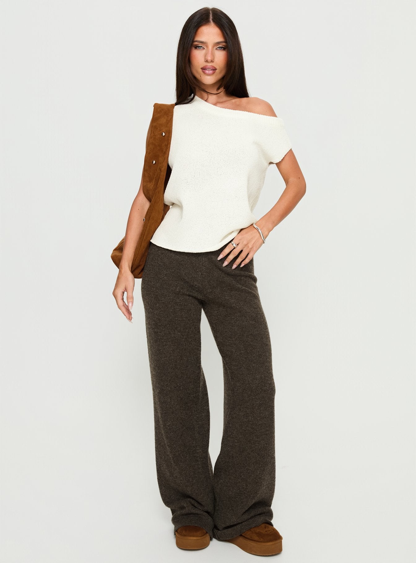 side view of model wearing Princess Polly Karee Knit Pants Brown High Rise Pants 