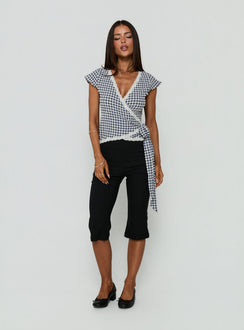 Meltwater Lace Trim Wrap Detail Top Navy Check