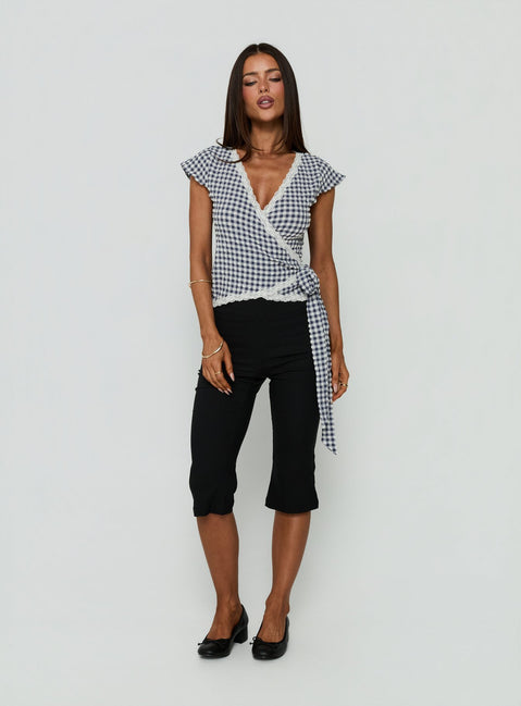 Meltwater Lace Trim Wrap Detail Top Navy Check