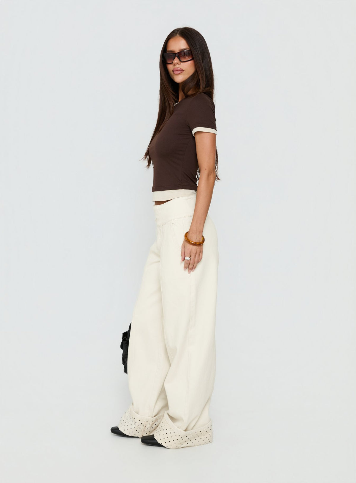 Nikoletta Foldover Jeans Cream / Polka