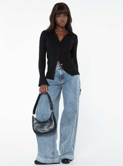 side view of model wearing Princess Polly Anneke Collared Cardigan Black Longline Jumpers Jumpers 