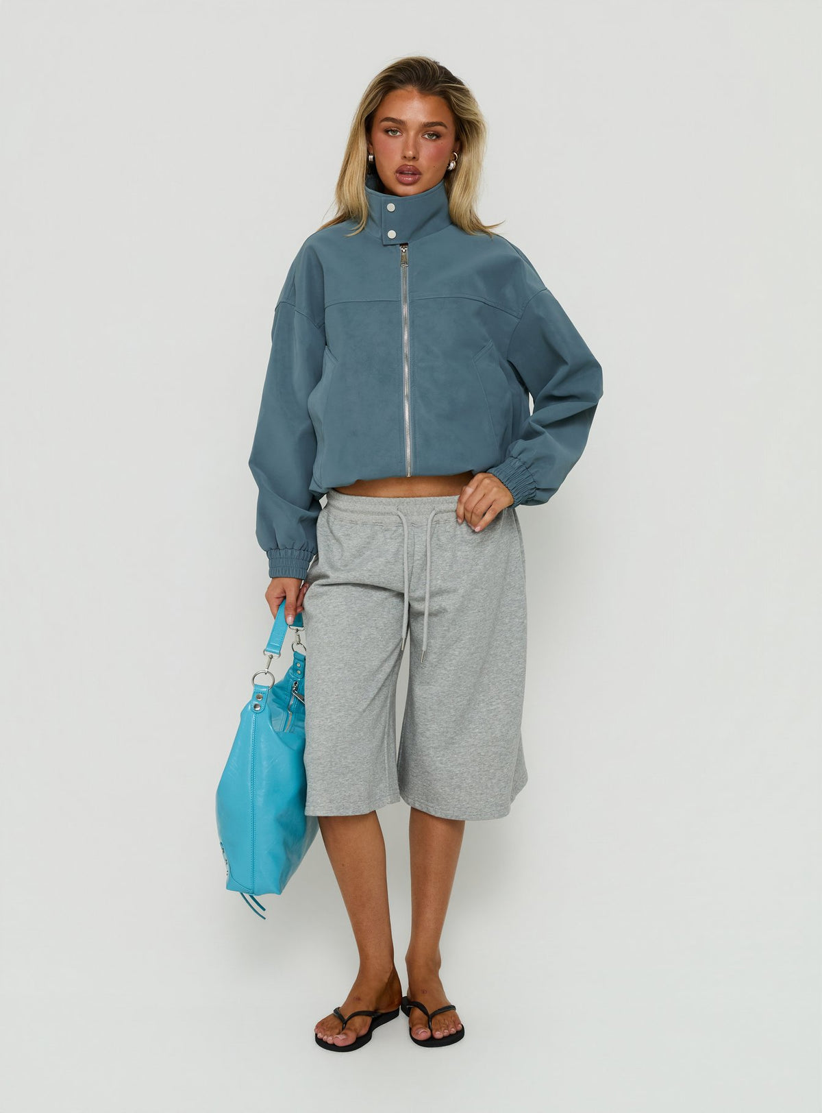 Ellissa Faux Suede Bomber Jacket Slate Blue