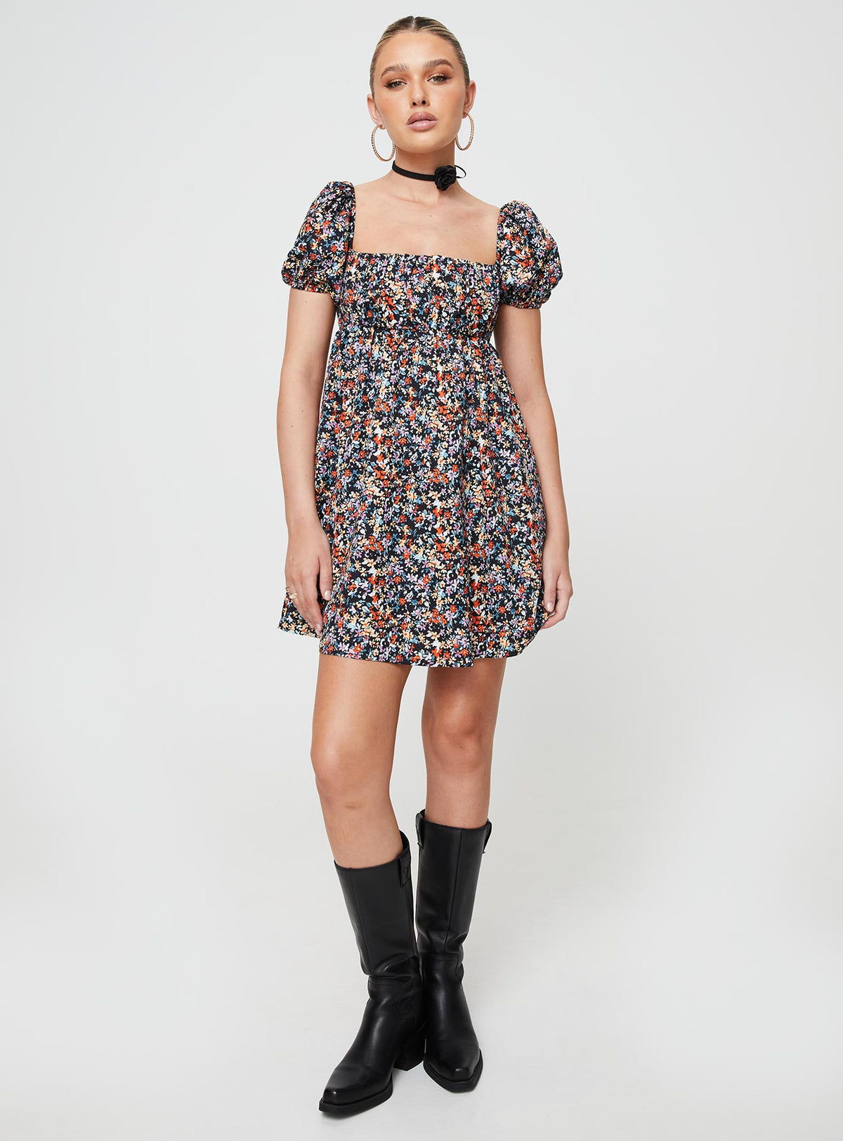 product Princess Polly Square Neck  Let's Dance Mini Dress Black Floral