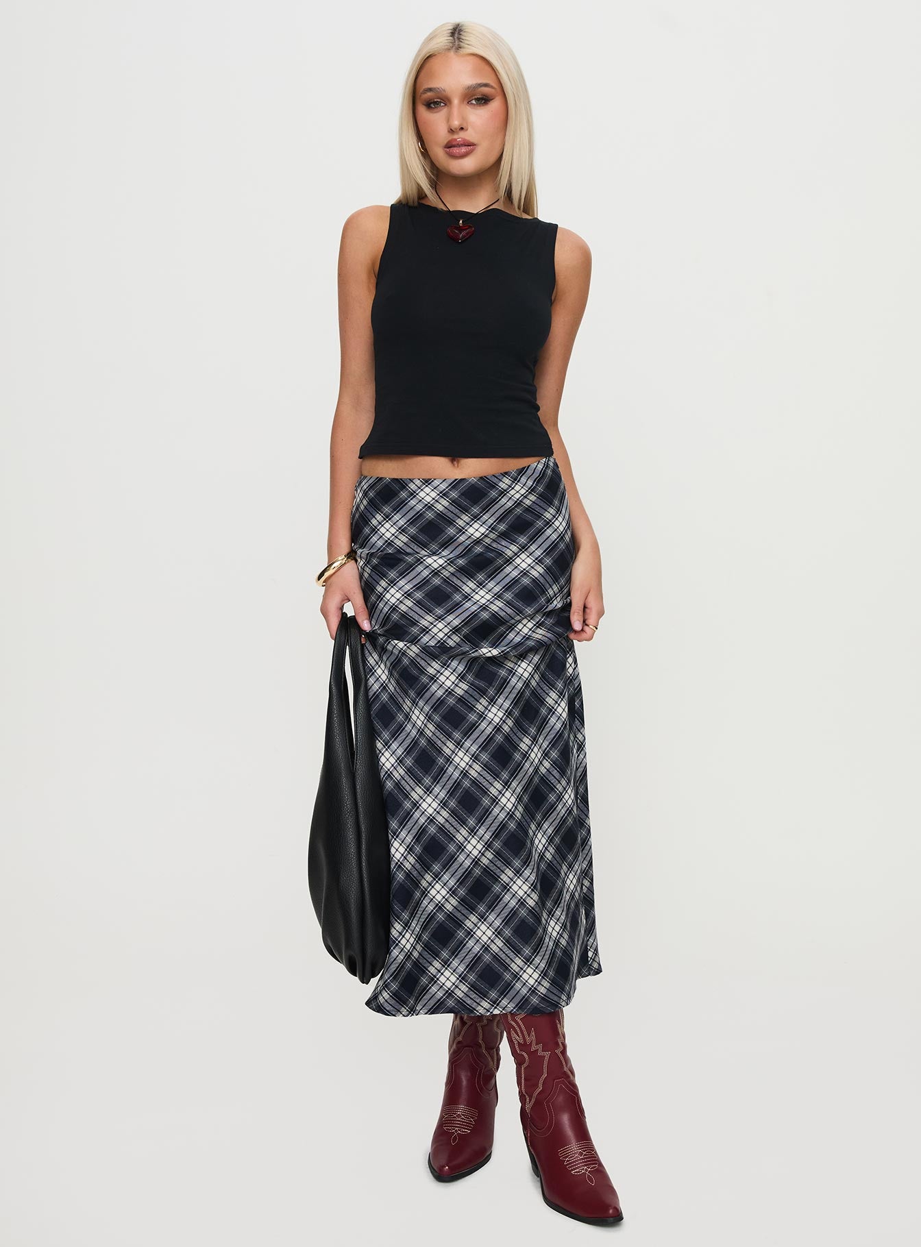   front view of model wearing Princess Polly Everlie Low Waist Maxi Skirt Check Multi 