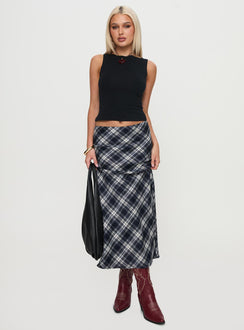   front view of model wearing Princess Polly Everlie Low Waist Maxi Skirt Check Multi 