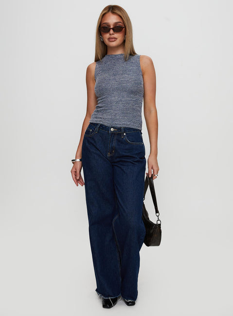 back view of model wearing Princess Polly Get It Together High Neck Top Blue Marle Sleeveless High Neck 