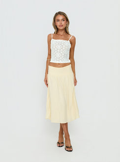   front view of model wearing Princess Polly Heart Of Gold Linen Blend Midi Skirt Lemon Midi Skirts 