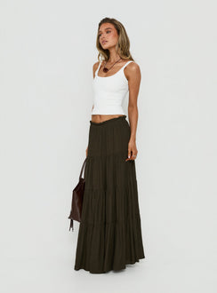 Designed with the Mya Maxi Skirt Chocolate in womens-skirts featuring layered relaxed fit side view of model wearing Princess Polly