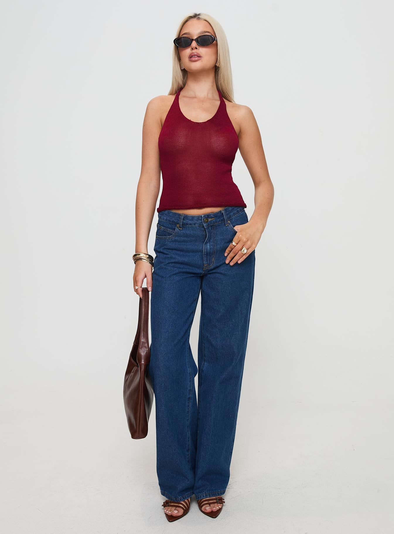 front view of model wearing Princess Polly Priscilla Top Red Sleeveless Scoop Neck 