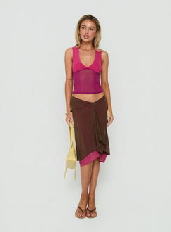 Discover the Erinhadi Midi Skirt Brown / Pink in womens-skirts with midi length front view of model wearing Princess Polly