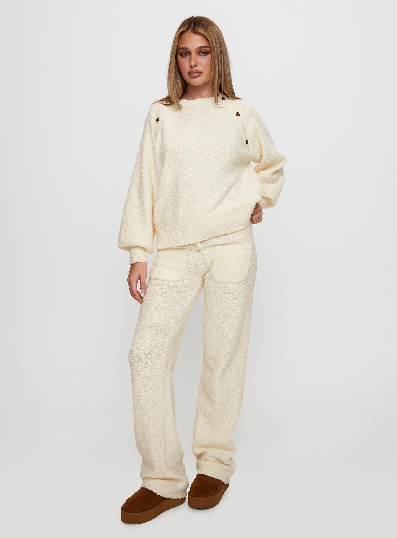 front view of model wearing Princess Polly Susi Fluffy Knit Sweater Ivory cropped 
