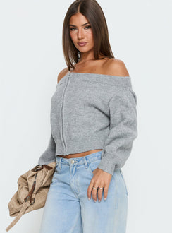side view of model wearing Princess Polly Ortensa Off Shoulder Zip Through Jumper Grey Marle Cropped Jumpers 