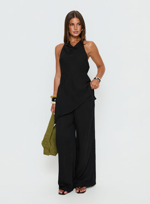 front view of model wearing Princess Polly Emorisa Mid Rise Chiffon Pant Black Mid Rise Pants 
